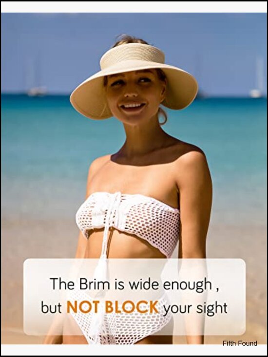 Wide Brim Straw Sun Hat UPF 80+ Foldable Packable Adjustable Ponytail Opening